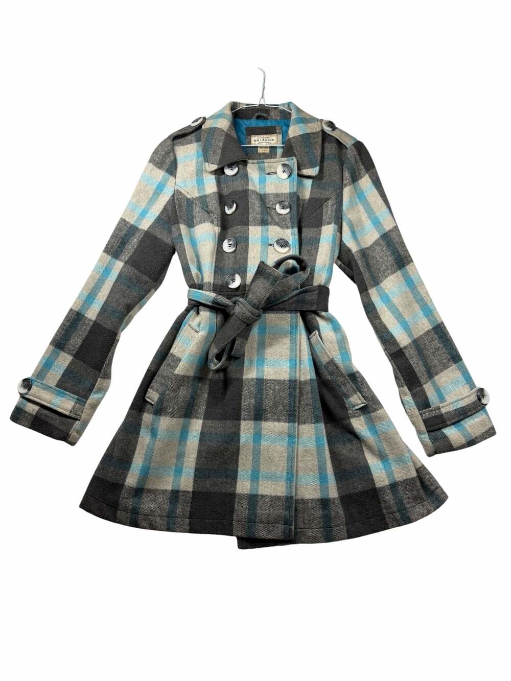 Arizona Plaid Peacoat Jacket Women’s Large Gray Blue Belted Double Breasted